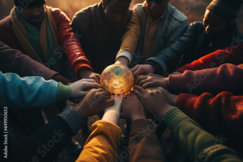 A group of diverse people holding hands around the world, symbolizing global solidarity in addressing the mental health impact of social isolation. Generative Ai.