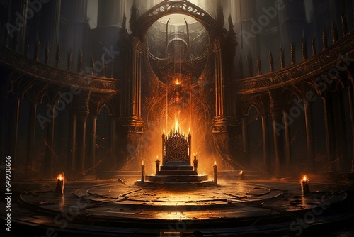 Throne encircled by torches in a mythical background. Generative AI
