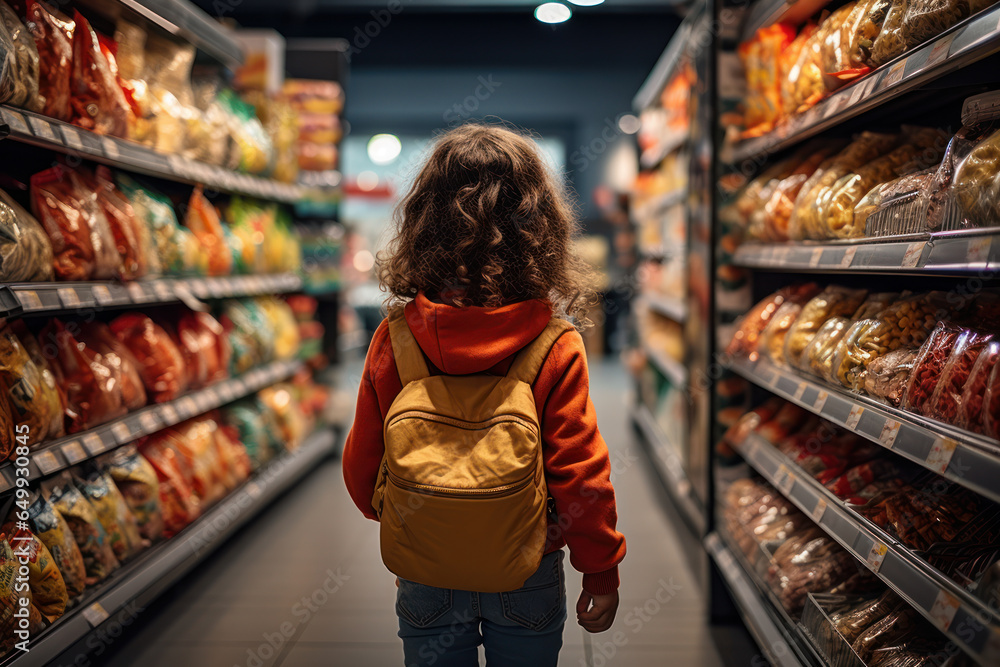 A shopper navigating a bustling supermarket aisle, emphasizing the impact of store layout and product placement on consumer choices. Concept of retail design. Generative Ai.