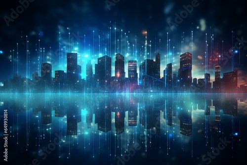 Futuristic city with glowing digital mesh and hologram on blurry backdrop. Network  communication  internet  innovation. Generative AI