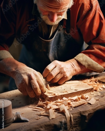 A man is seen working on a piece of wood. This image can be used to depict carpentry, woodworking, craftsmanship, or DIY projects.