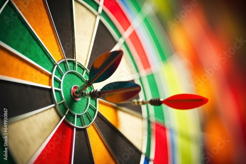A close-up shot of a dart hitting a bulls eye target. This image captures the precision and accuracy of the throw. Ideal for illustrating success, achievement, goal setting, or target-oriented concept