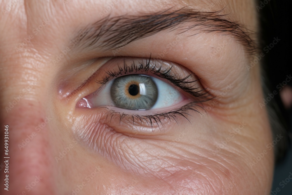 Obraz premium A detailed close-up shot of a woman's blue eye. This image can be used for various purposes, such as illustrating beauty, eye care, cosmetics, or even mystery and intrigue.