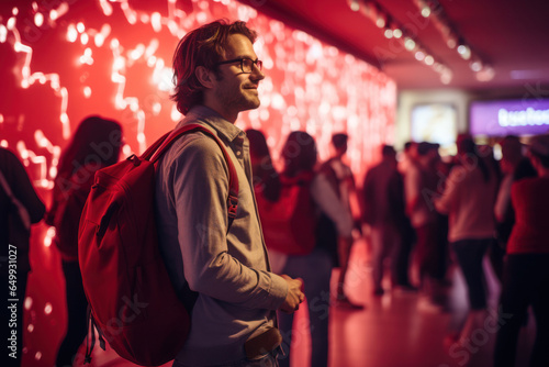 A consumer attending a product launch event, emphasizing the influence of promotional events and product launches on consumer behavior. Concept of brand engagement. Generative Ai.