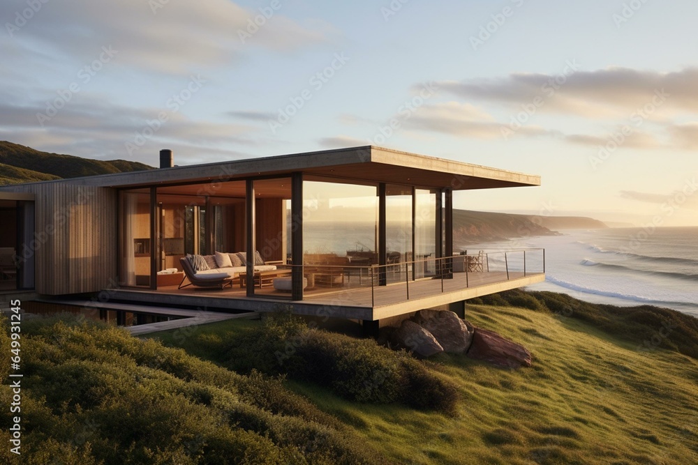 Scenic coastal house with a modern touch, perfect for remote living. Generative AI