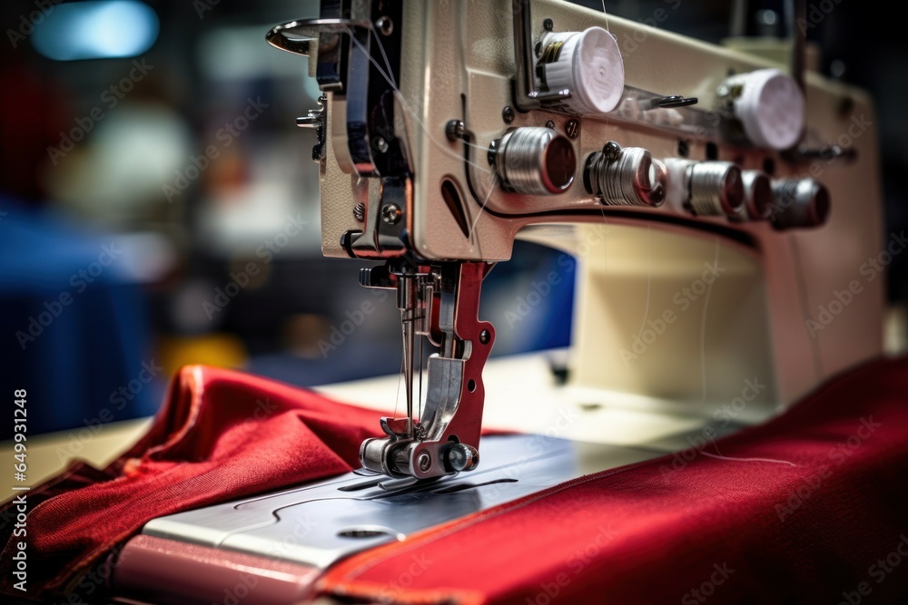 A detailed close-up view of a sewing machine placed on a table. This image can be used for various purposes related to sewing, crafts, or DIY projects. A detailed close-up view of a sewing machine placed on a table. This image can be used for various purposes related to sewing, crafts, or DIY projects.