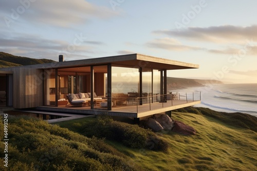 Scenic coastal house with a modern touch, perfect for remote living. Generative AI
