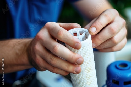 A person holding a filter in their hand. This image can be used to illustrate concepts such as air purification, water filtration, or photography equipment.