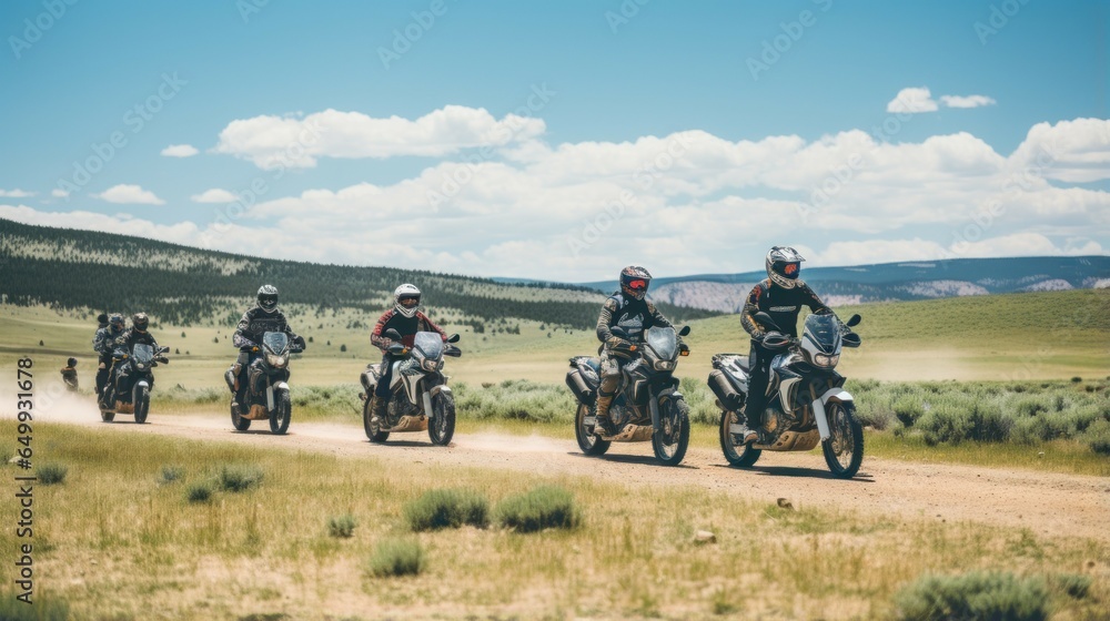 A group of people riding motorcycles down a dirt road. Perfect for adventure and travel themes.
