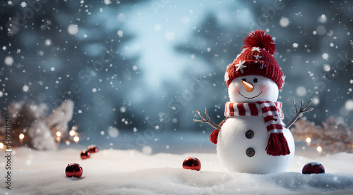 Panoramic view of happy snowman in winter secenery with copy space © MOUNSSIF