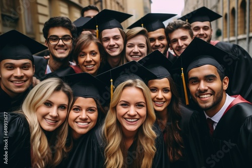 A group of graduates gathered together for a picture. Perfect for capturing the joy and accomplishment of completing an educational journey. Ideal for use in graduation announcements  yearbooks  and e