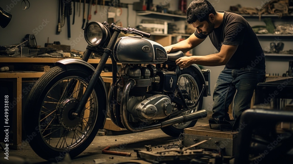 A man is seen working on a motorcycle in a garage. This image can be used to depict a mechanic or someone performing maintenance on a motorcycle.