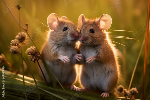 two mice embracing each other affectionately in a grassy area. Generative AI © Andromeda