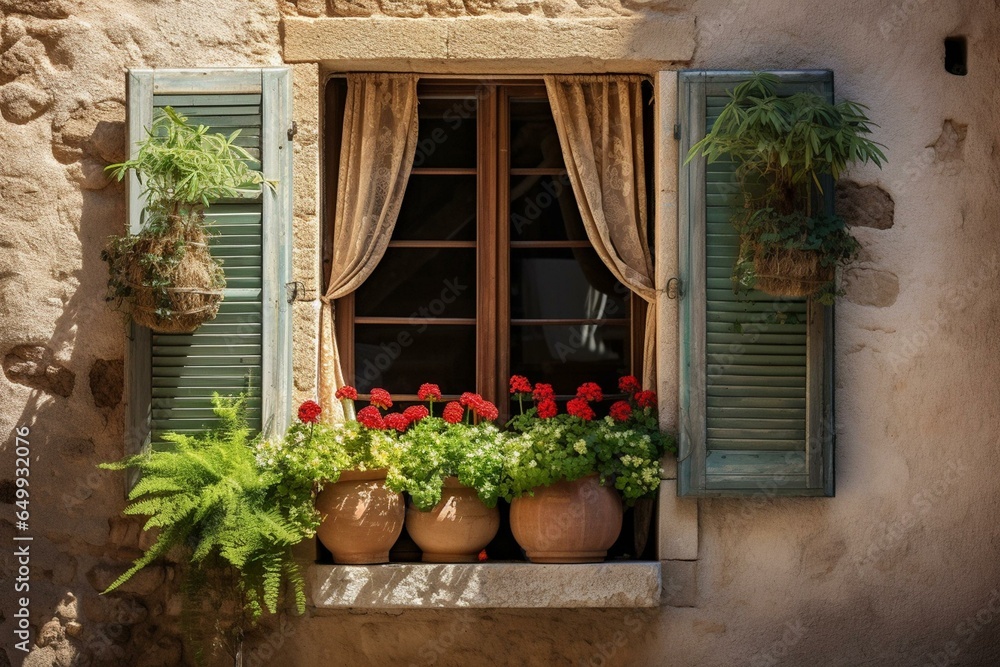 Window with doors and balcony adorned by three potted plants. Generative AI