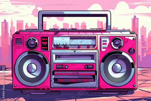 Illustration of a boombox on a graphical background - portable stereo, 80s music, urban style party. Generative AI