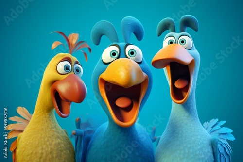 Three vibrant poultry characters on a blue background  a loud rubber chicken  a surprised one  and a singing rooster. Generative AI