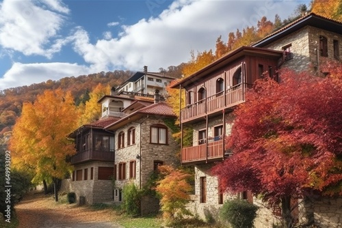 Scenic houses in Blagoevgrad, Bulgaria during a sunny autumn day. Generative AI photo