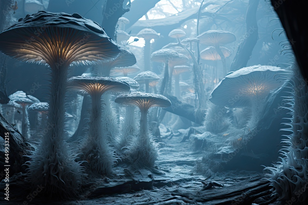 sztuka komputerowa przedstawiajaca swiat w krainie grzybów, zwariowany las grzybów - obrazy, fototapety, plakaty 