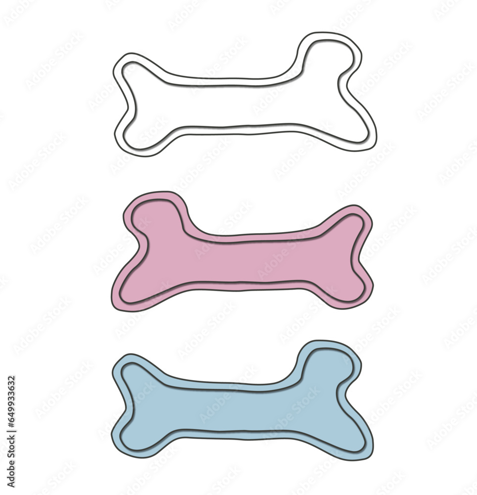 Set of dog bone clipart outline and silhouette. Pink and blue color