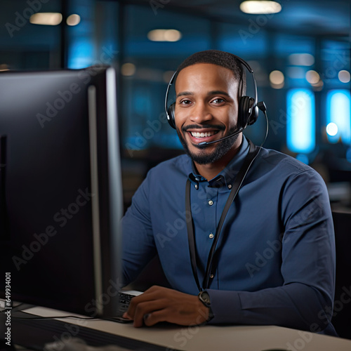 Trabajador del centro de llamadas siempre sonriente operador de atención al cliente en el trabajo joven empleado que trabaja con un auricular