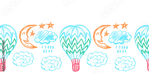 Cute seamless border. Drawings with wax crayons. Design for paper, fabric, interior decor and other use