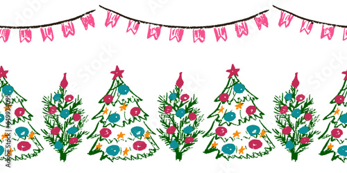 Cute seamless border. Drawings with wax crayons. Design for paper, fabric, interior decor and other use