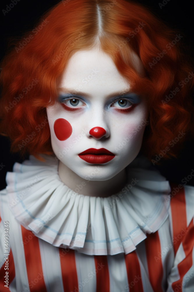Portrait of a beautiful young woman dressed as a very sad clown
