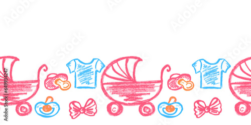 Cute seamless border. Drawings with wax crayons. Design for paper, fabric, interior decor and other use