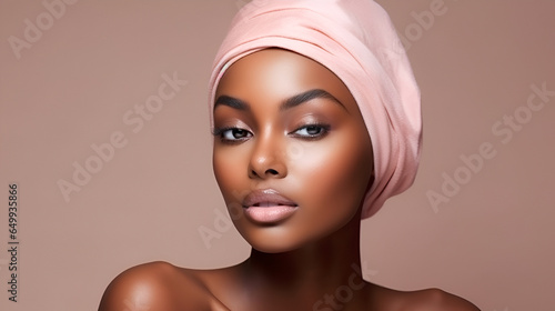 Fotografia Beautiful young afro american woman with pink headband and clean fresh skin, on beige, pink background with copy space, facial skin care