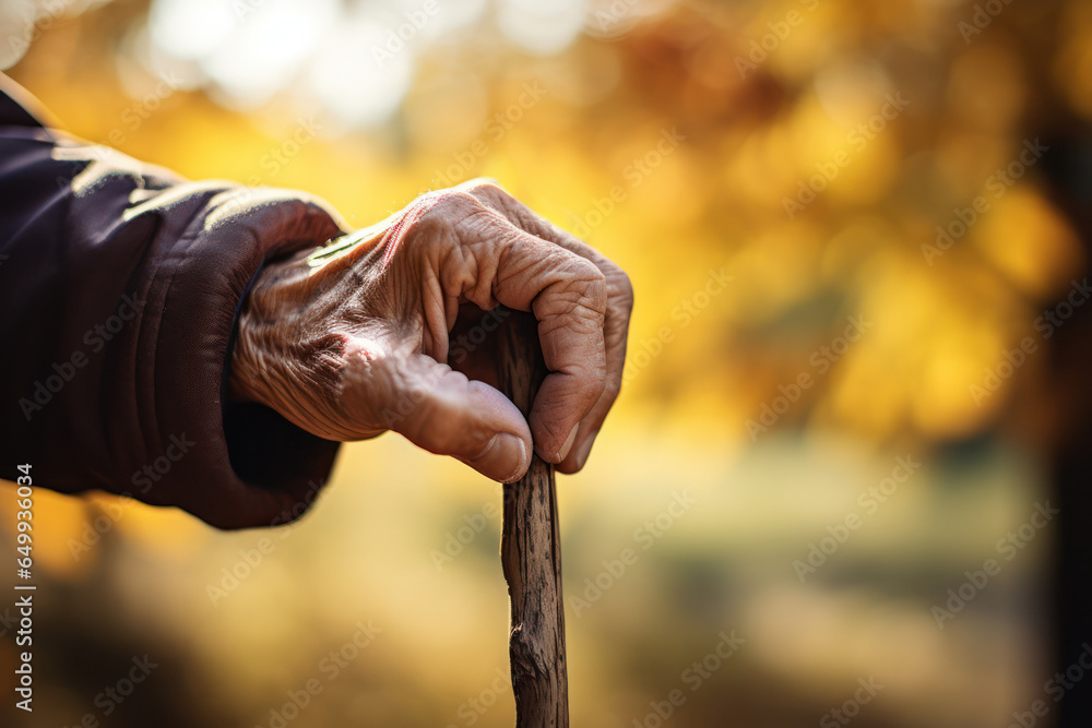 A closeup of an elderly person's hand holding a walking stick on a
