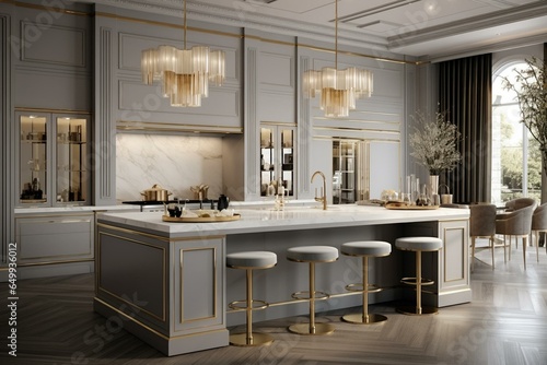 Elegant contemporar kitchen: golden accents, light grey tones. Generative AI