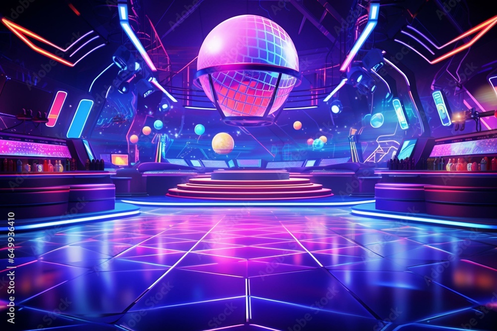 Vibrant nightclub with a bar, tables, DJ booth, and illuminated dance floor under a disco ball. Animation showcases neon-lit rave atmosphere. Generative AI