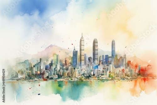 A vibrant watercolor-style painting of the Hong Kong city skyline. Generative AI