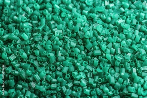 Grünes Kunststoffgranulat wird zu neuem, wiederverwendetem Material. Recycelter Kunststoff mit Farben für die Recyclingfabrik