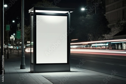 Mockup - Leere Reklame und beleuchtete Werbetafel am Busbahnhof in der Stadt. 