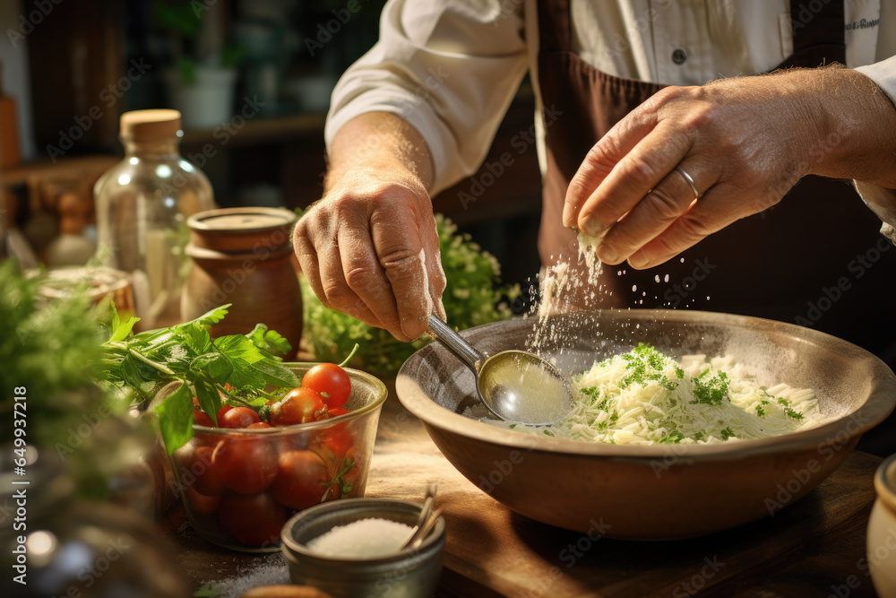 A close-up photograph highlights a person's hands mixing ingredients in a bowl, showcasing the joy of cooking and experimenting within a culinary lifestyle. Generative Ai. A close-up photograph highlights a person's hands mixing ingredients in a bowl, showcasing the joy of cooking and experimenting within a culinary lifestyle. Generative Ai.
