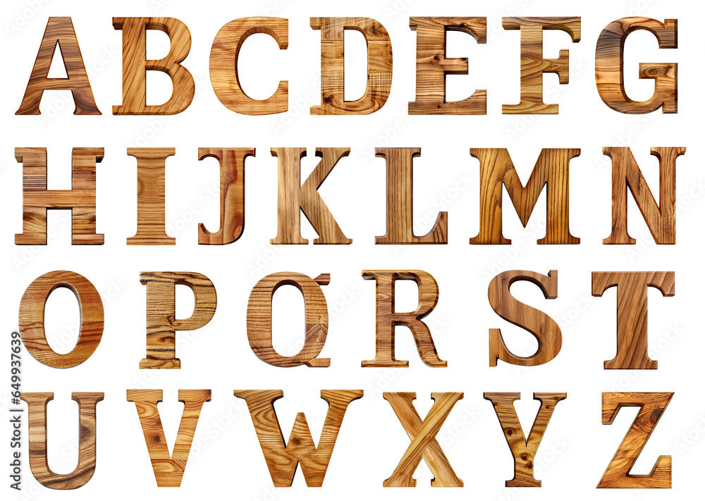 Set of wooden alphabet letter A-Z on transparent background cutout, PNG file. Mockup template for artwork design Set of wooden alphabet letter A-Z on transparent background cutout, PNG file. Mockup template for artwork design