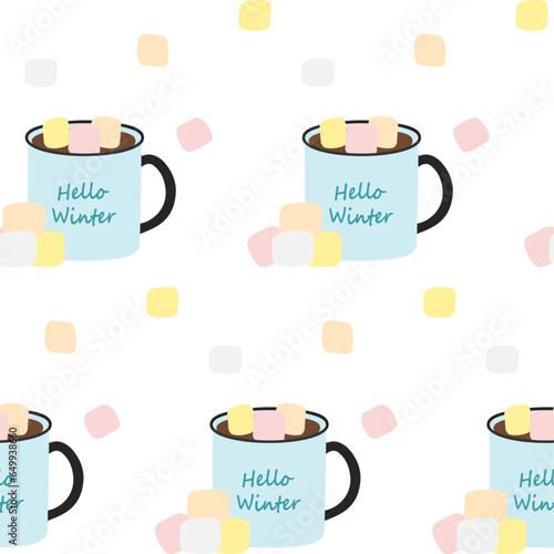 Seamless pattern of mugs with lettering Hello winter, drink and marshmallow in trendy seasonal hues