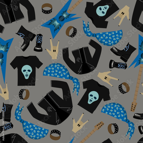 Seamless patterns with elements of clothing, rock paraphernalia on a gray background 