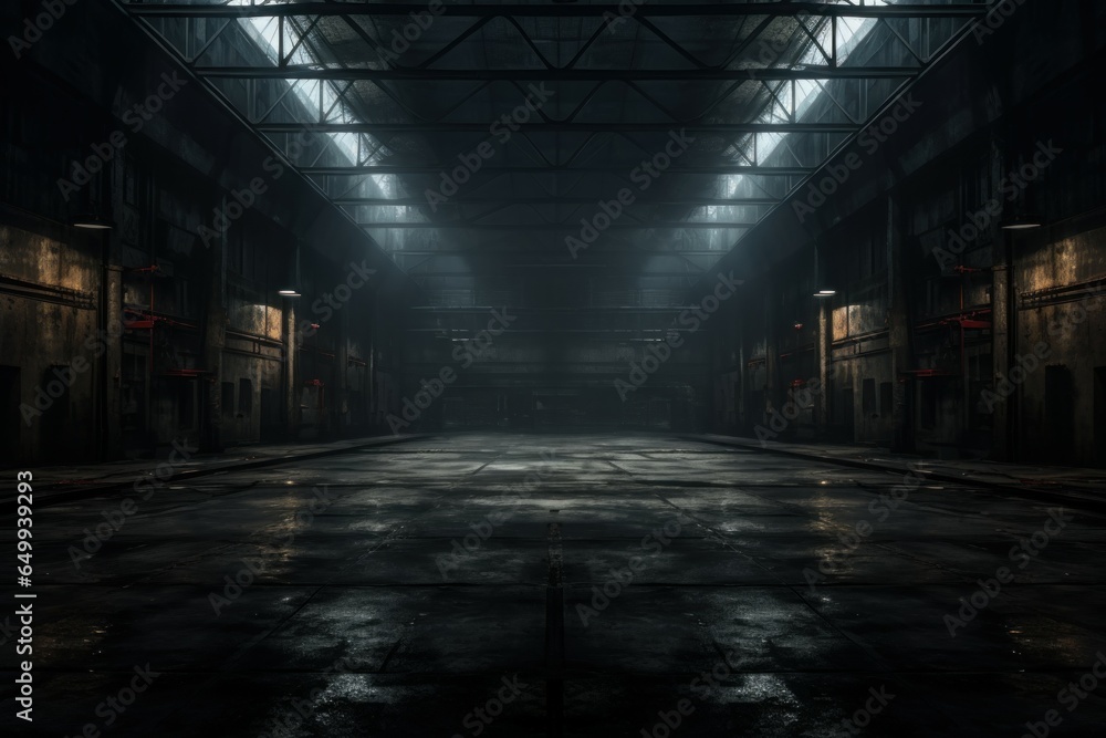 Dark empty warehouse. Hall inside floor. Generate Ai - obrazy, fototapety, plakaty 