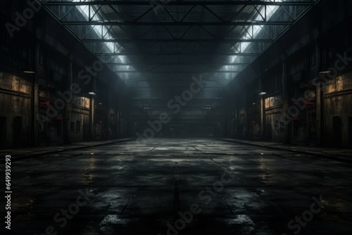 Dark empty warehouse. Hall inside floor. Generate Ai © juliars