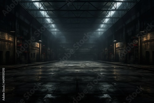 Dark empty warehouse. Hall inside floor. Generate Ai