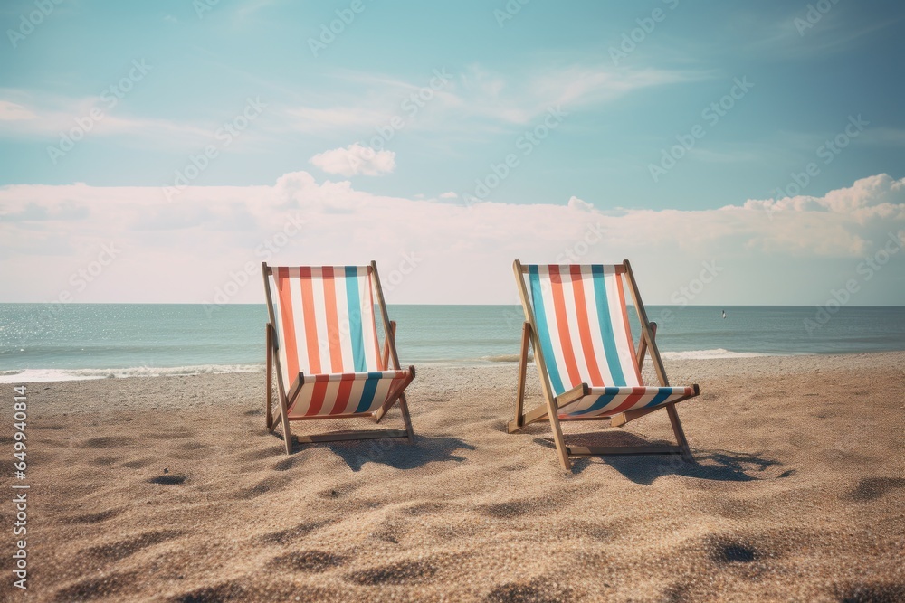 Beach chairs umbrella. Sunset tropical resort. Generate Ai Beach chairs umbrella. Sunset tropical resort. Generate Ai