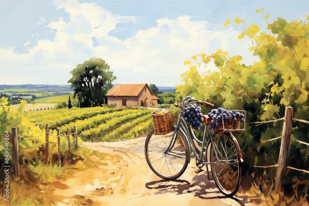 A painting of a bike with a basket of grapes on the front, on a rural road with a cornfield in the background. Generative AI