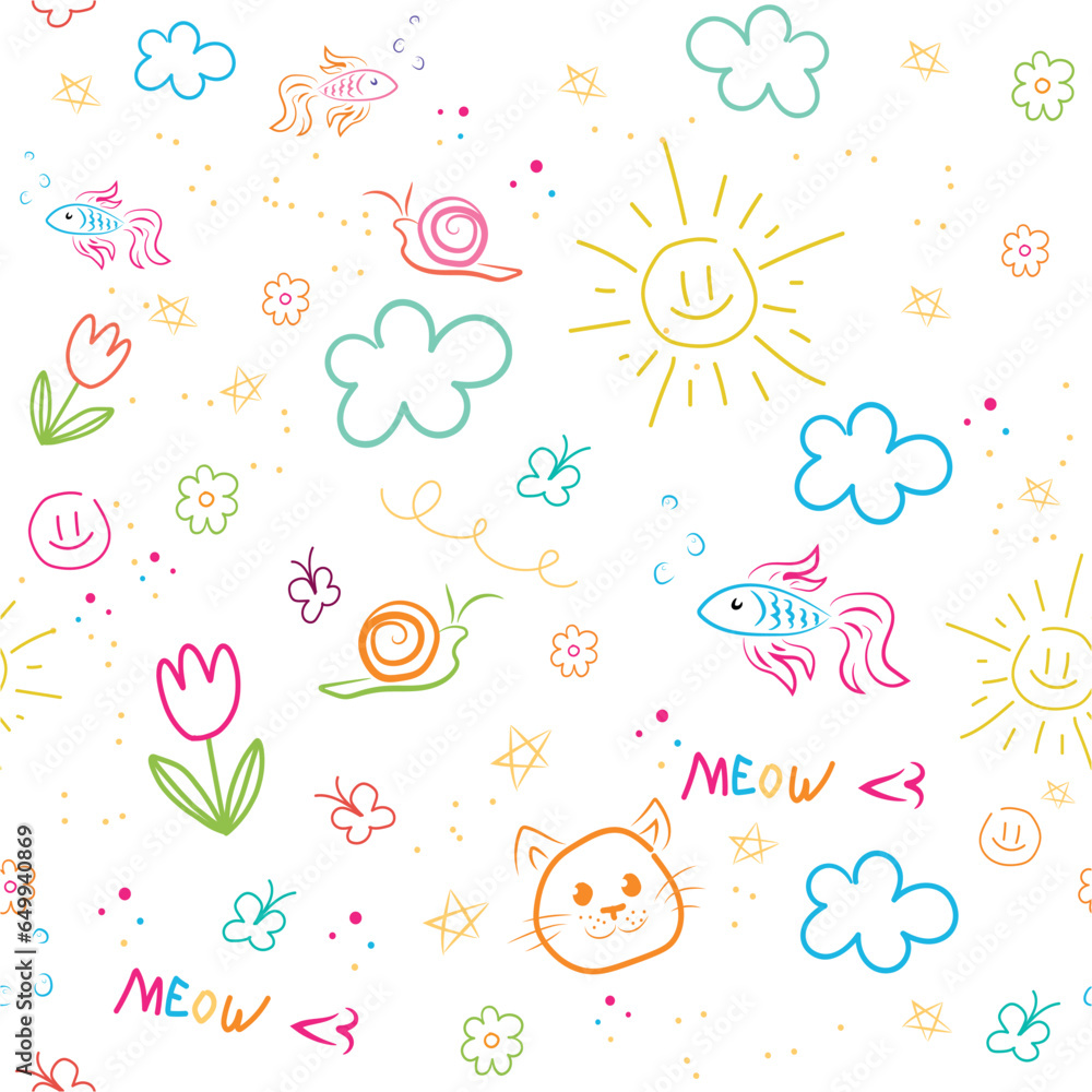 Cartoon One Line Pattern Seamless childrens pattern in cartoon style. Vector illustration of a ...