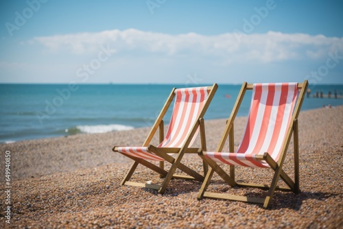 Striped Beach chairs umbrella. Sunset tropical resort. Generate Ai