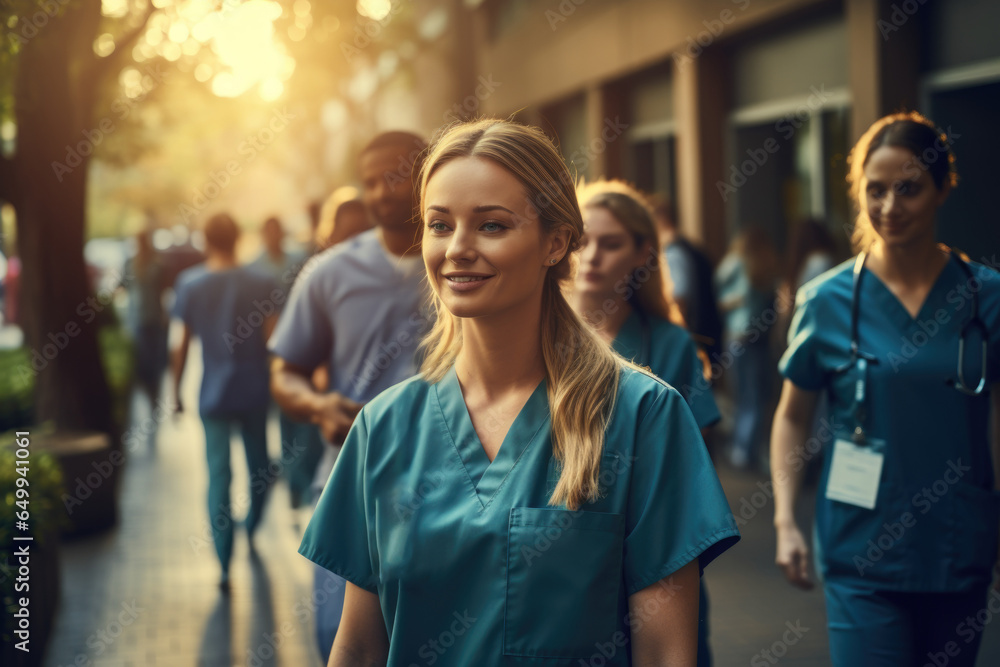 Fototapeta premium A person captures a group of healthcare workers at a hospital, showcasing the dedication and commitment of those who work tirelessly to care for others on Labor Day. Generative Ai.