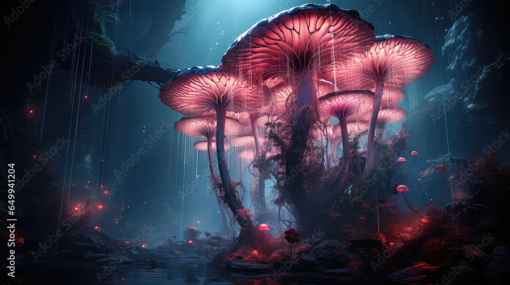 pokazany świat grzybów przez pryzmat lasu - obrazy, fototapety, plakaty 