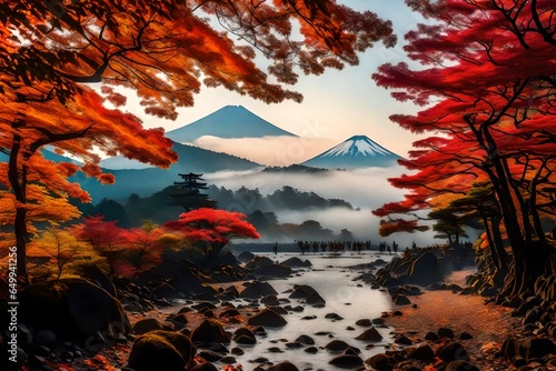 Fuji s Fall Symphony Morning Fog and Red Leaves