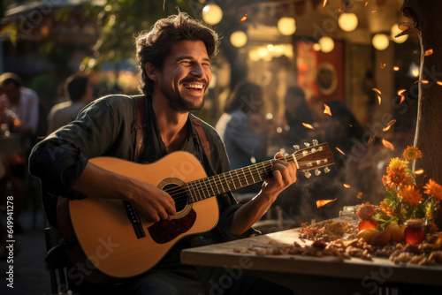 A street performer entertaining a crowd while people dine at outdoor cafes, illustrating the cultural vibrancy of urban dining. Generative Ai.